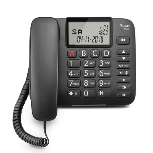 Gigaset DL380. Typ: Analoges Telefon, Hörertyp: Kabelgebundenes Mobilteil. Freisprecheinrichtung, Telefonbuch Kapazität: 9