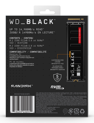 Western Digital Black WD_BLACK SN8100 NVMe. Capacidade da drive SSD: 1 TB, Fator de forma SSD: M.2, Velocidade de leitura: