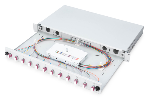 Digitus Fiber Optic Sliding Splice Box, 1U, Equipped, LC, OM4. Type: Cable management panel, Housing material: Steel, Prod