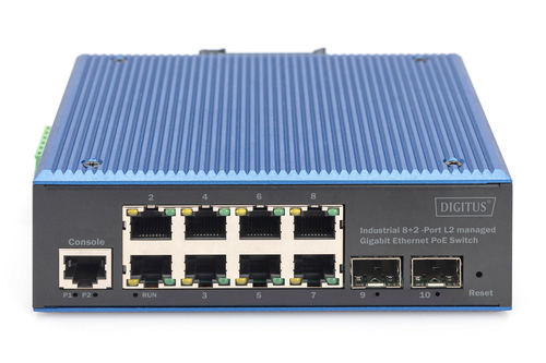 Digitus Industrial 8+2 port L2 managed Gigabit Ethernet PoE switch. Switch type: Managed, Switch layer: L2. Basic switchin