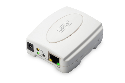 Digitus Fast Ethernet Print Server, USB 2.0. Produktfarbe: Weiß, Ursprungsland: Taiwan. Network Connection Typ: Ethernet-L