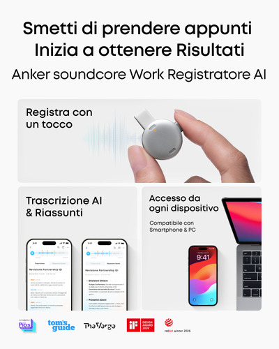 Anker soundcore Work Registratore Vocale AI, per Riunioni, con Trascrizione e Riassunti Automatici con AI, Indossabile, 64