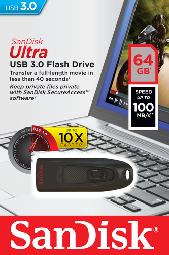SanDisk Ultra. Capacidade: 64 GB, Interface de dispositivo: USB Type-A, Versão USB: 3.2 Gen 1 (3.1 Gen 1), Velocidade de l