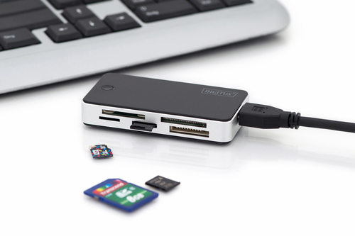 Digitus Card Reader All-in-one, USB 3.0. Compatible memory cards: CF, MMC, MMC Mobile, MMC+, MMCmicro, MS Micro (M2), MS P