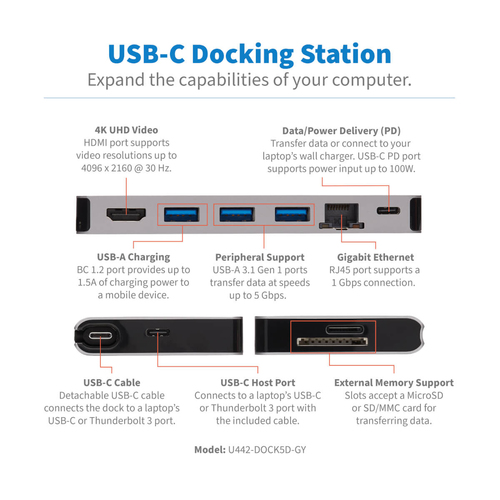 Tripp Lite U442-DOCK5D-GY USB-C Dock - 4K HDMI, USB 3.x (5Gbps), USB-A/C Hub Ports, GbE, Memory Card, 100W PD Charging, De