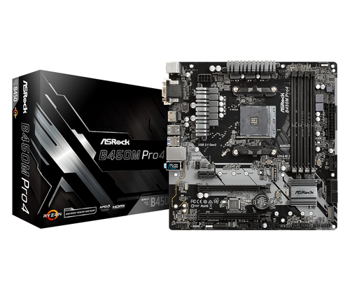 Asrock B450M Pro4. Prozessorhersteller: AMD, Prozessorsockel: Socket AM4, Kompatible Prozessoren: AMD Athlon, AMD Ryzen 3,