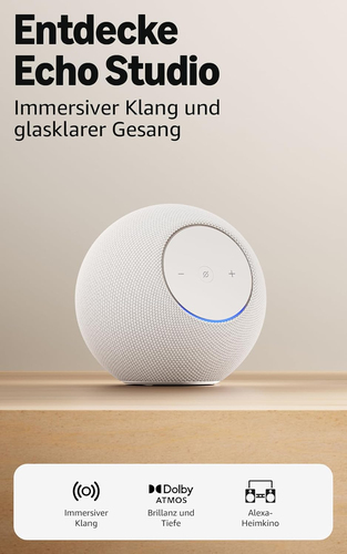 Amazon Echo Studio. Virtueller Assistent: Amazon Alexa, Form: Sphärisch, Produktfarbe: Weiß. Eingebaute Audio-Decoder: Dol