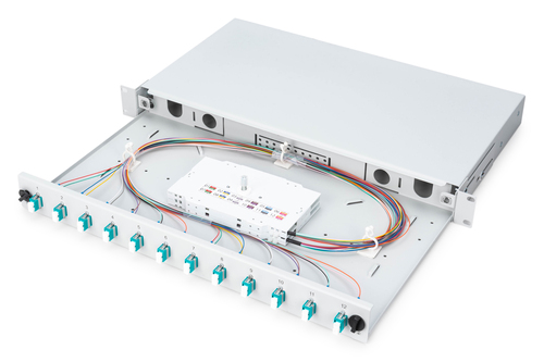 Digitus Fiber optic splice box, 1U, equipped, 12x LC DX, OM3. Connector type: LC, Product colour: Grey, Housing material: 