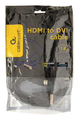 Gembird 1.8m, HDMI/DVI, M/M. Lunghezza cavo: 1,8 m, Connettore 1: HDMI, Connettore 2: DVI-D. Peso: 106 g, Larghezza: 140 m