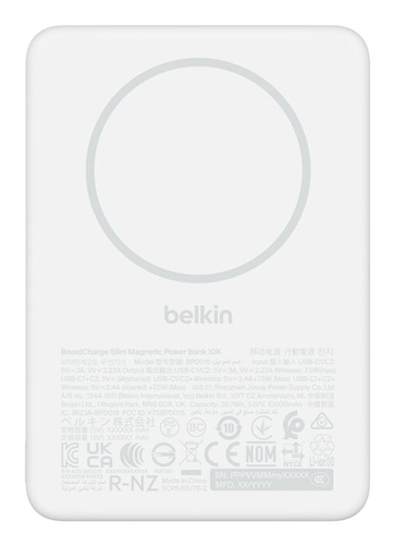 Belkin BoostCharge Power Bank - White - 10000 mAh - 7.50 W - Slim, Magnetic - White