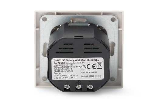 Digitus Safety socket for flush mounting with 2 USB ports. Socket type: 2x USB. Product colour: White. Rated voltage: 250 