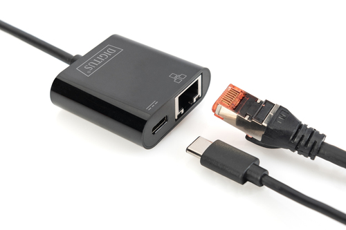 Digitus USB Type-CTM Gigabit Ethernet adapter with Power Delivery support. Product colour: Black, Country of origin: China