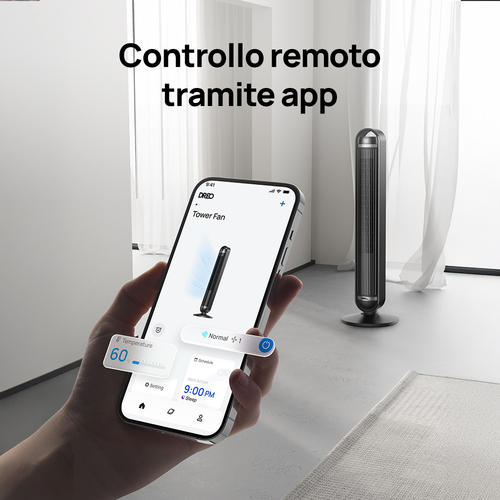 Dreo Ventilatore a Torre Ultra Silenzioso, 25dB, Potente 8 m/s, Ventilatori a Colonna con Telecomando, 4 Modalità, 8 Livel