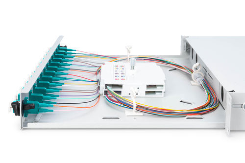 Digitus Fiber optic splice box, 1U, equipped, 12x LC DX, OM3. Connector type: LC, Product colour: Grey, Housing material: 