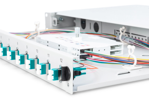 Digitus Fiber optic splice box, 1U, equipped, 12x LC DX, OM3. Connector type: LC, Product colour: Grey, Housing material: 