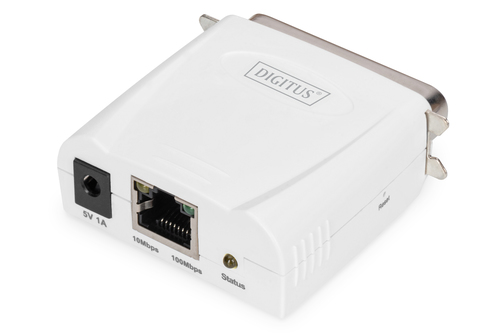Digitus Fast Ethernet Print Server, Parallel. Produktfarbe: Weiß, LED-Anzeigen: LAN, Status, Ursprungsland: Taiwan. Networ