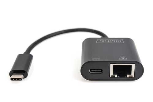 Digitus USB Type-C™ Gigabit Ethernet adapter with Power Delivery support. Product colour: Black, Country of origin: China.