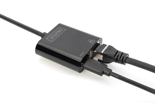 Digitus USB Type-C™ Gigabit Ethernet adapter with Power Delivery support. Product colour: Black, Country of origin: China.