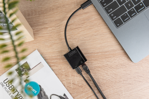 Digitus USB Type-C™ Gigabit Ethernet adapter with Power Delivery support. Product colour: Black, Country of origin: China.
