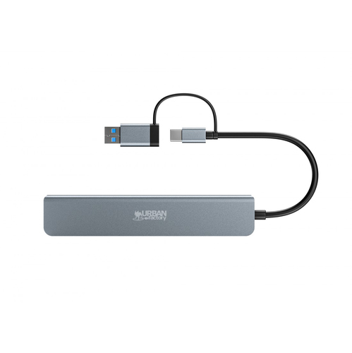 Hub USB Urban Factory MINEE - USB Type A, USB Type C - 640 Mo/s - Ordinateur portable, Tablette, Smartphone, Bureau - Gris