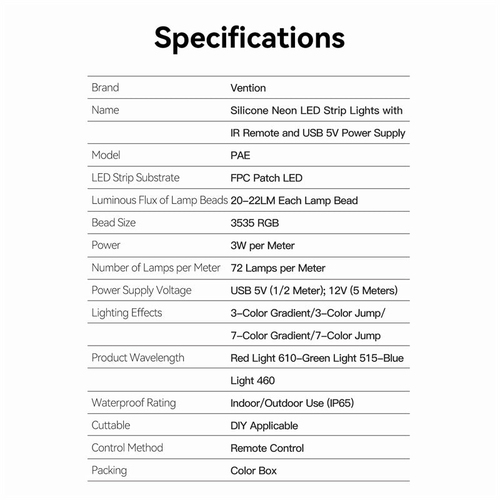 Vention PAEWF. Type: Universal strip light, Suitable for light type: Ambience, Mounting type: Adhesive tape. Light colour: