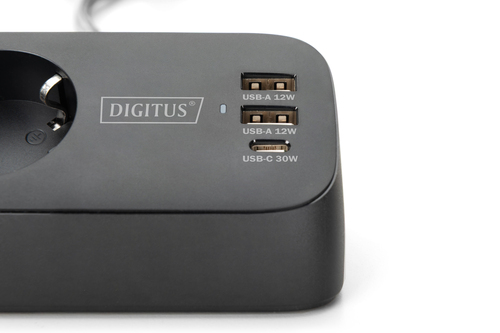 Digitus 3-fach Office-Steckdosenleiste mit 2x USB-A und 1x USB-C Anschlüssen, Schwarz. Kabellänge: 1,5 m, Unterstützte Pos