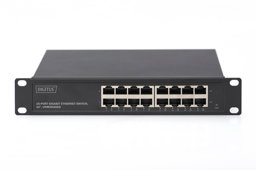Digitus 10" Gigabit Ethernet Switch, 16-Port, Unmanaged. Switch type: Unmanaged. Basic switching RJ-45 Ethernet ports type