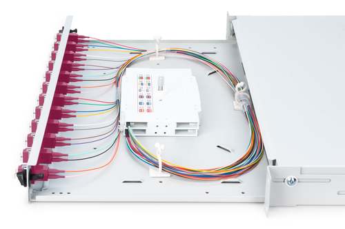 Digitus Fiber Optic Sliding Splice Box, 1U, Equipped, LC, OM4. Type: Cable management panel, Housing material: Steel, Prod