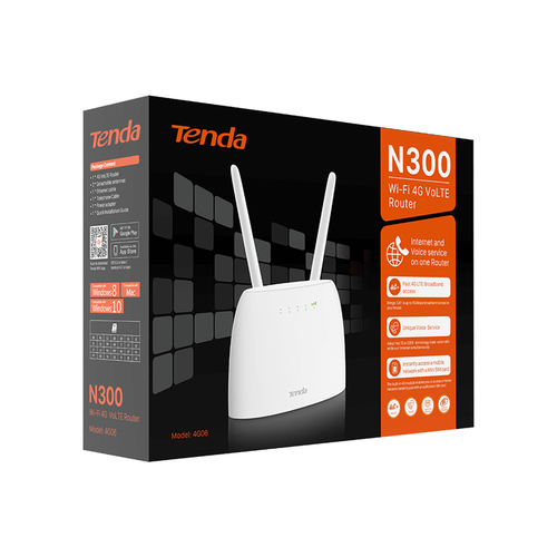 Tenda N300. WAN connection type: RJ-45. Wi-Fi band: Single-band (2.4 GHz), Top Wi-Fi standard: Wi-Fi 4 (802.11n), WLAN dat