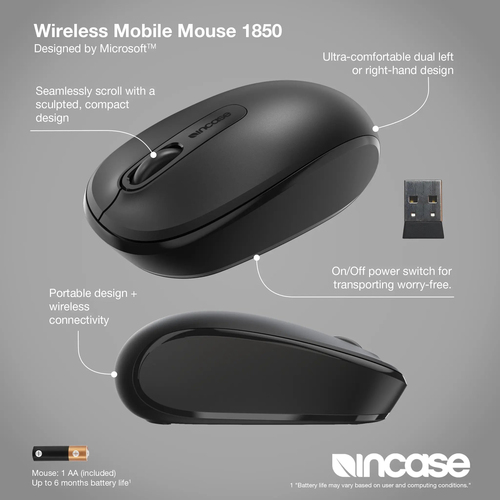Incase Designed by Microsoft 1850 Maus - Schwarz - Kabellos - Scroll-Rad - Symmetrisch - 1 x AA Battery Supported