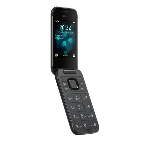 Nokia 2660 Flip - 4G, VoLTE, 2,8"+1,77", 0,3MP, 48MB/128MB, Black. Form factor: Flip. SIM card capability: Dual SIM. Displ