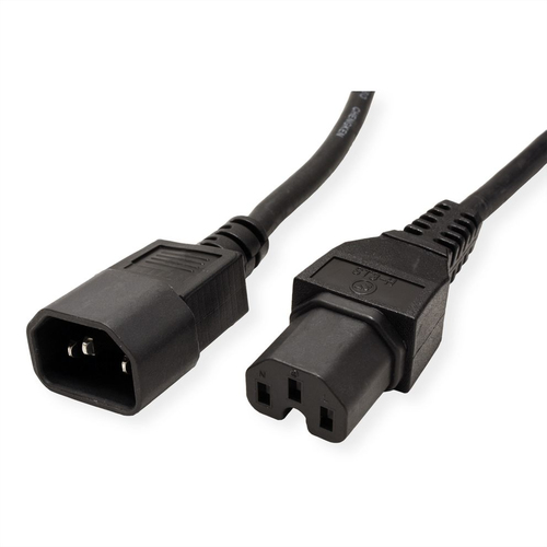 Value Standard-Stromkabel - 3 m - IEC 60320 C14 / IEC 60320 C15 - 250 V AC / 10 A - Schwarz - Hohe Temperaturbeständigkeit
