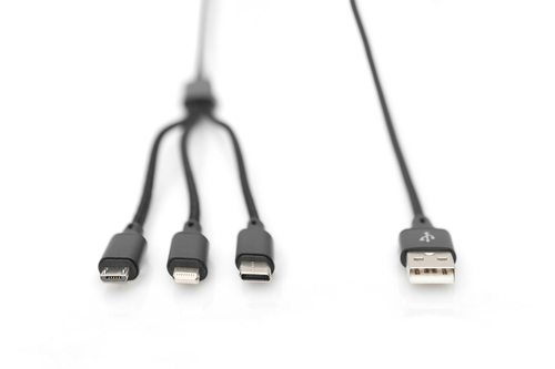 Digitus 3-in-1 USB charging cable, 1m. Cable length: 1 m. Connector 1: USB A, Connector 2: USB C, Connector contacts plati