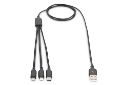 Digitus 3-in-1 USB charging cable, 1m. Cable length: 1 m. Connector 1: USB A, Connector 2: USB C, Connector contacts plati