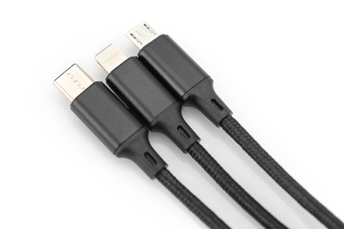 Digitus 3-in-1 USB charging cable, 1m. Cable length: 1 m. Connector 1: USB A, Connector 2: USB C, Connector contacts plati