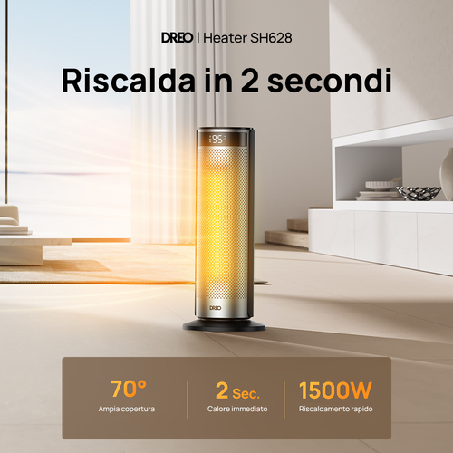 Dreo Termoventilatore Ceramico Solaris SH628, 2000W, Riscaldatore elettrico rapido. Tipo: Riscaldatore ambiente elettrico 