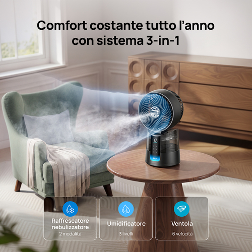 Dreo TurboCool 516S – Ventilatore Nebulizzatore Smart 3-in-1 con Raffrescamento a Ultrasuoni – Flusso d'Aria 8 m/s, Autono