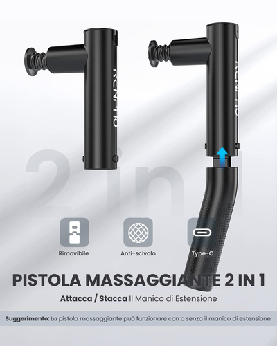 Renpho Extend Massage Gun R-C004, Pistola Massaggiante con Manico di Estensione Rimovibile, 4 Testine e 4 Velocità. Uso ap
