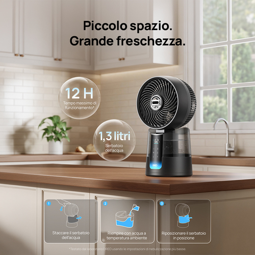 Dreo TurboCool 516S – Ventilatore Nebulizzatore Smart 3-in-1 con Raffrescamento a Ultrasuoni – Flusso d'Aria 8 m/s, Autono