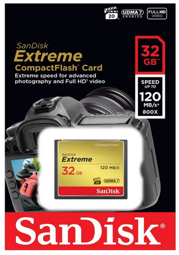 SanDisk 32GB Extreme. Capacidade: 32 GB, Tipo de flash card: Flash compacto, Velocidade de leitura: 120 MB/s, Velocidade d