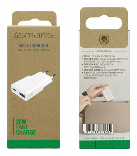 4smarts 541122. Aufladetyp: Drinnen, Energiequelle: AC, Aufladekompatibilität: Smartphone, Tablets. Eingangsspannung: 100 