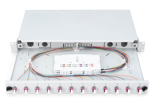 Digitus Fiber Optic Sliding Splice Box, 1U, Equipped, LC, OM4. Type: Cable management panel, Housing material: Steel, Prod