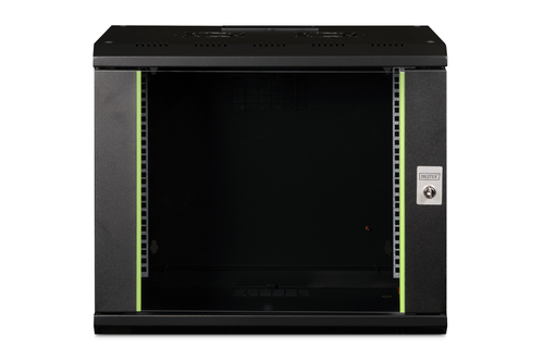 Digitus SoHo 9U Wall Mountable Rack Cabinet for LAN Switch - 482.60 mm Rack Width - Black Powder Coat - Steel, Glass - 60 