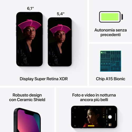 Apple iPhone 13 mini. Bildschirmdiagonale: 13,7 cm (5.4 Zoll), Display-Auflösung: 2340 x 1080 Pixel, Display-Typ: OLED. Pr