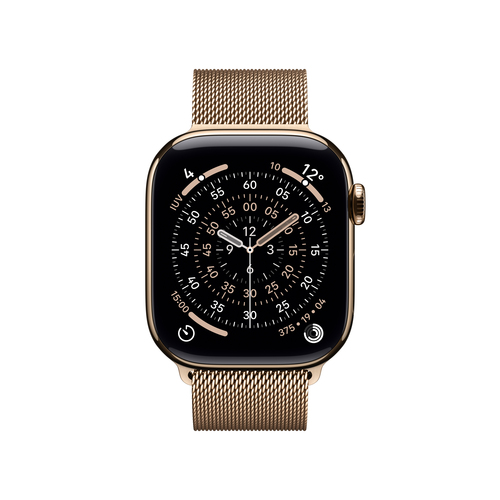 Apple Watch Series 11 GPS + Cellular 42mm Gold Titanium Case with Gold Milanese Loop. Display technology: OLED, Display re