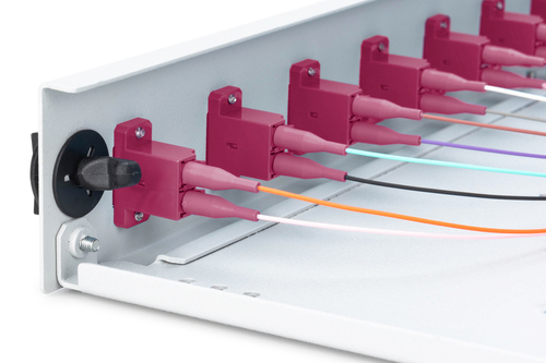Digitus Fiber Optic Sliding Splice Box, 1U, Equipped, LC, OM4. Type: Cable management panel, Housing material: Steel, Prod