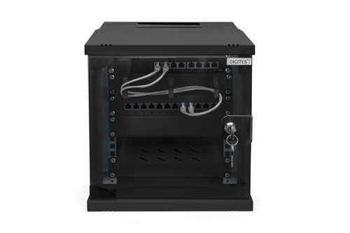 Digitus SOHO PRO 6U Wall Mountable Enclosed Cabinet Rack Cabinet for Networking254 mm Rack Depth - Black - Glass, Steel, S