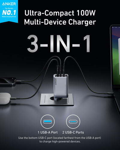 Anker Caricatore USB C 100W Prime GaN, Pieghevole e Compatto, 3 Porte GaN, per iPhone 17 Pro Max Air/Serie 16-12, MacBook,