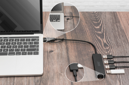Digitus USB-Hub - USB 3.0 Typ A - 640 MB/s - Notebook, Tablet, Desktop - Tragbar - Schwarz - 5 Total USB Port(s) - 4 USB 3