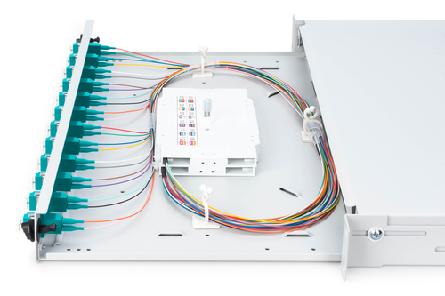 Digitus Fiber optic splice box, 1U, equipped, 12x LC DX, OM3. Connector type: LC, Product colour: Grey, Housing material: 